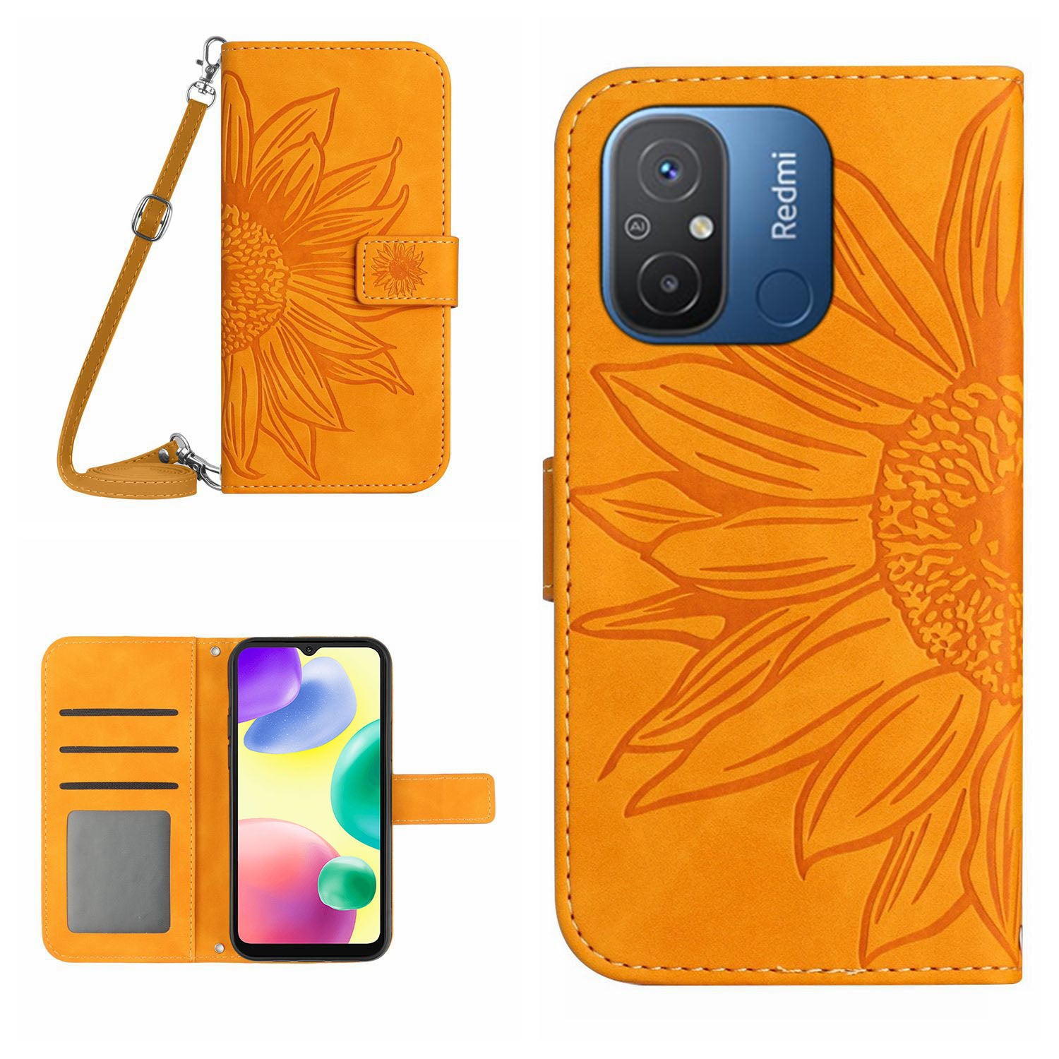 HT04 Leather Cover for Xiaomi Redmi 11A 4G 12C 4G Sunflower Imprinted Stand Wallet Phone Case with Shoulder Strap HT04 Leather Cover for Xiaomi Redmi 11A 4G 12C 4G Sunflower Imprinted Stand Wallet Phone Case with Shoulder Strap